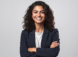 Smiling, confident woman in professional attire