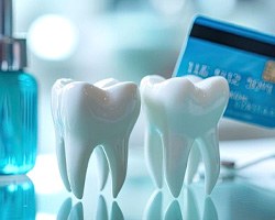Two tooth models in front of hand holding payment card